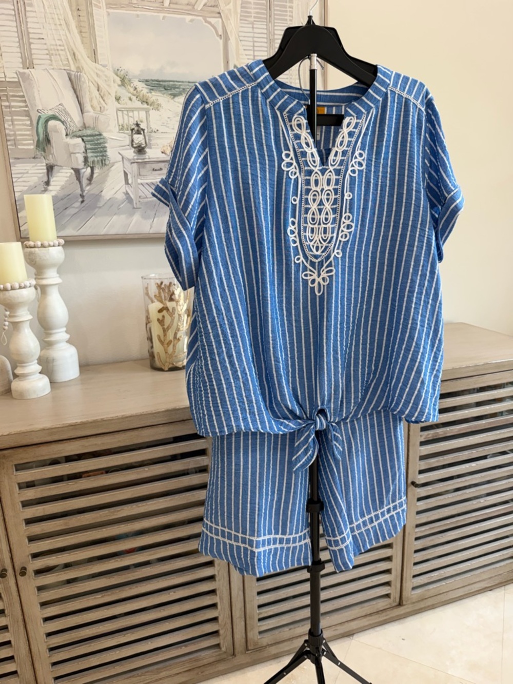 Ruby Rd Blue and White Striped Two-Piece Set with Embroidered Neckline